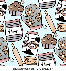 Cute baking seamless pattern with cow milk carton floral kitchen mittens muffins flour butter rolling pin cozy pastel kitchen theme for culinary kids farmhouse and home projects
