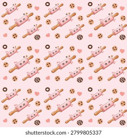 Cute baking seamless pattern with kawaii pink rolling pins, cookies, and donuts on pink background
