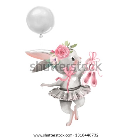 Cute ballerina, ballet girl baby bunny with flowers, floral wreath in a ballet dress with balloon and shoes