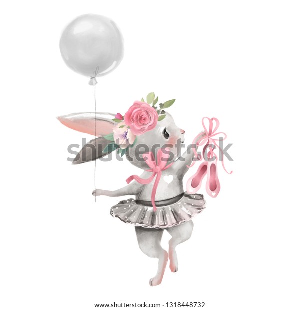 かわいいバレリーナ 花を持つバレエ少女の赤ちゃんバニー 風船と靴を