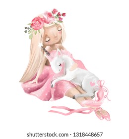 Cute ballerina, ballet girl with flowers, floral wreath and baby unicorn