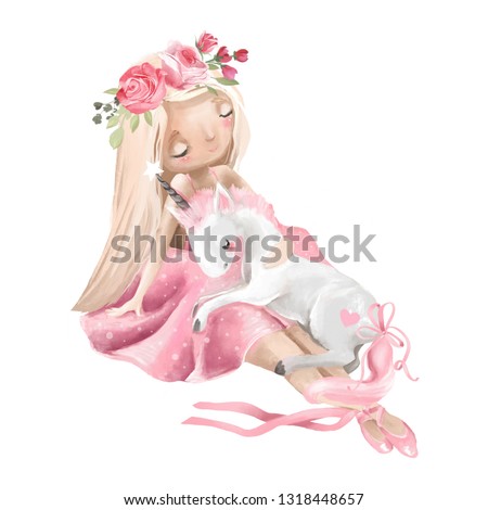 Cute ballerina, ballet girl with flowers, floral wreath and baby unicorn