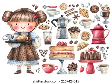 Cute barista girl, desserts and coffee drinks set of watercolor illustrations isolated on white background. Coffee shop, food, drink and hand-drawn character. Watercolor illustration.