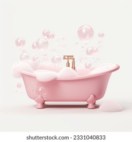 Cute bathtub without faucet in front, white foam overflowing from the bathtub, cute, white, pink, no background