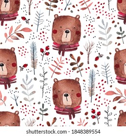 Cute bear among forest plants and berries. Forest meadow. Childish background for fabric, textile, nursery wallpaper.