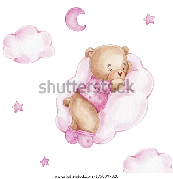 ピンクの雲の上で眠るかわいい熊の女の子 水彩手描きのイラスト ベビーシャワーやキッドポスターに使用できる 白い背景に のイラスト素材