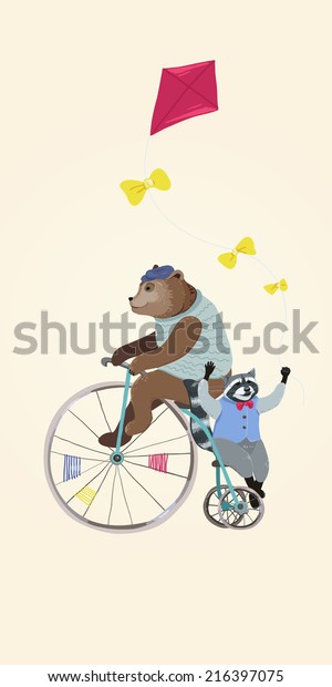 レトロな自転車に乗ったかわいい熊とアライグマ のイラスト素材