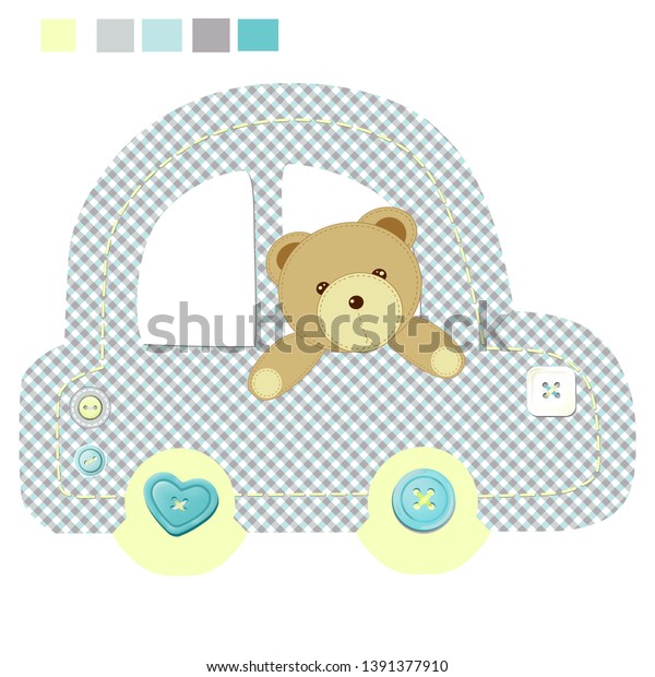 cute bear rides
in the car, white
background