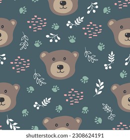 Cute bear Seamless pattern. Cartoon Animals in forest background. illustration.