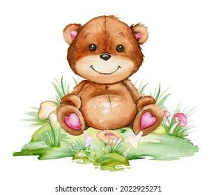 Cute, Bear, Sitting In A Clearing, Surrounded By Mushrooms. Watercolor, Clipart, Cartoon Style, On An Isolated Background.