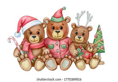 Cute  bears family  Greeting card for Christmas holidays design  Watercolor illustration 
