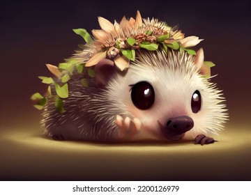 Cute beautfil animal hedgehog with big eyes, realistc designed as toys illuminated in a dark background .  Illustration Rendu 3D . Digital Art