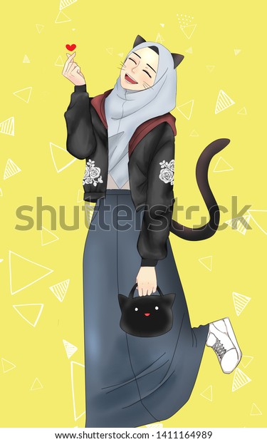 cute beautiful cartoon girl hijab anime stock illustration