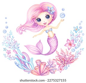 Cute beautiful little mermaid in floral sea wreath, watercolor hand drawing, Fairytale marine cartoon, underwater fairy princess in frame of seaweed, corals and flowers for a girls birthday card - Powered by Shutterstock