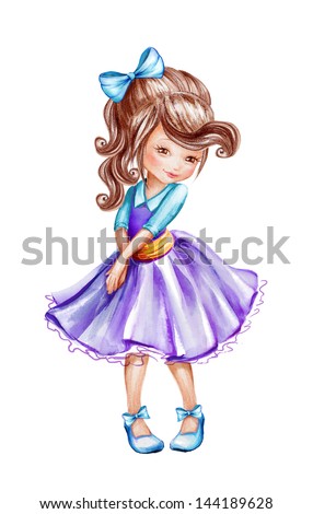 cute beautiful shy little girl, watercolor painting isolated on white background