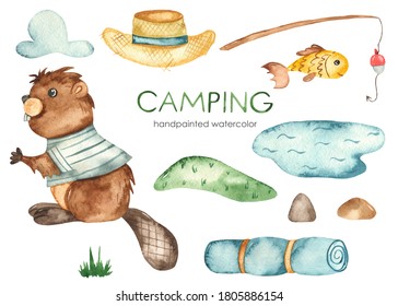 Cute Beaver, Fishing Rod, Pond, Fish, Hat, Hill. Camping Watercolor Clipart