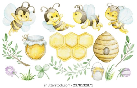 Cute bees, honey, honeycomb hive, plants. Watercolor set, in cartoon style, on an isolated background. - Powered by Shutterstock