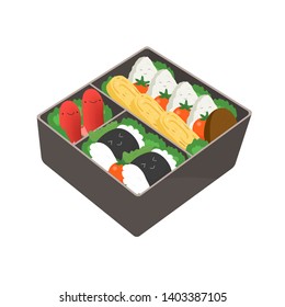 Cute Bento. Japanese Lunch Box. Funny Cartoon Food. Isometric Colorful Illustration.