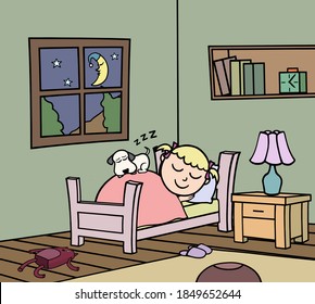 Cute  Big Funny Cartoon Girl And Small Dog Are Sleeping On Her Bad.
