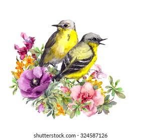 Cute birds couple in flowers. Design for wedding print or save date card. Watercolor - Powered by Shutterstock