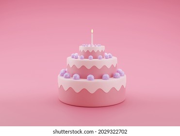 Cute birthday cake 3d rendering pink color 3 floors with a candle, Sweet cake for a surprise birthday, mother's Day, Valentine's Day on a pink background