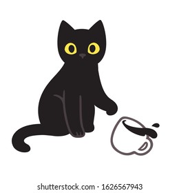 Cute black kitten throwing coffee cup off table. Funny cat breaking things comic illustration, cartoon drawing.