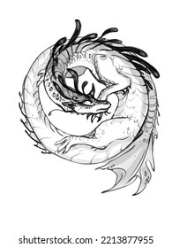 cute black   white sketch water dragon in tattoo style