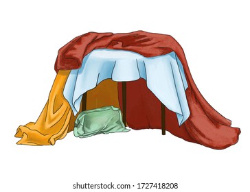 A Cute Blanket Hut Made From Blankets And A Table. Make Up Fun Games At Home. Personal Space For Children In A Big Family.