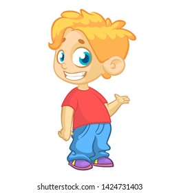 Cute Blonde Boy Waving And Smiling. Cartoon  Illustration Of A Boy Presenting