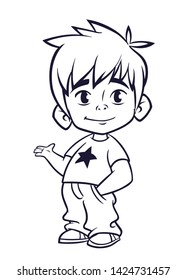 Cute Blonde Boy Waving And Smiling. Cartoon  Illustration Of A Boy Outlined