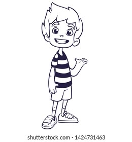 Cute Blonde Boy Waving And Smiling. Cartoon  Illustration Of A Boy Outlined