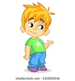 Cute Blonde Boy Waving And Smiling. Cartoon  Illustration Of A Boy Presenting