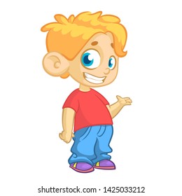 Cute Blonde Boy Waving And Smiling. Cartoon  Illustration Of A Boy Presenting