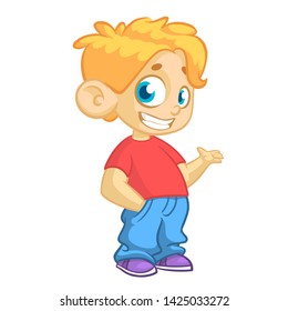 Cute Blonde Boy Waving And Smiling. Cartoon  Illustration Of A Boy Presenting