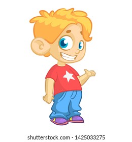 Cute Blonde Boy Waving And Smiling. Cartoon  Illustration Of A Boy Presenting