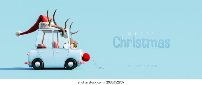 Cute Blue Car With Deer Antlers On The Roof And Merry Christmas Text On Blue Background 3D Rendering, 3D Illustration