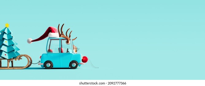 Cute Blue Car With Deer Antlers On The Roof Carrying Paper Christmas Tree On Blue Background 3D Rendering, 3D Illustration