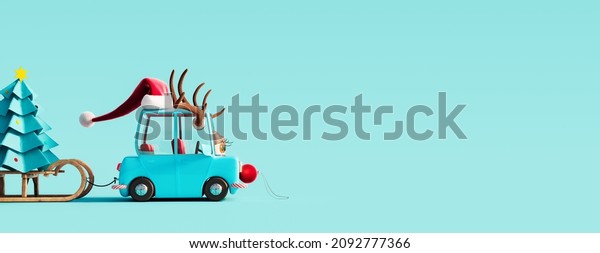 Cute blue car with deer antlers on the roof\
carrying paper Christmas tree on blue background 3D Rendering, 3D\
Illustration