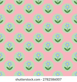Cute blue daisy flower pattern inside circles on a soft pink background. Whimsical seamless geometric botanical illustration for baby nursery decor.