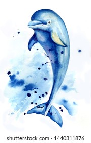 Cute Blue Dolphin. Watercolor Drawing.