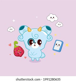 Cute Blue Goat With Horn And Favorite Stuff, Dragonfruit, Smart Phone, And Cloud