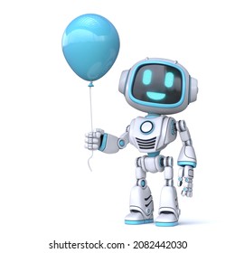 Cute blue robot hold balloon 3D rendering illustration isolated on white background - Powered by Shutterstock