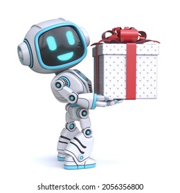 Cute blue robot holding gift box 3D rendering illustration isolated on white background - Powered by Shutterstock