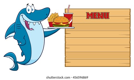 Cute Blue Shark Cartoon Mascot Character Holding A Platter With Burger, French Fries And A Soda To Wooden Blank Board With Text Menu. Raster Illustration Isolated On White Background - Powered by Shutterstock