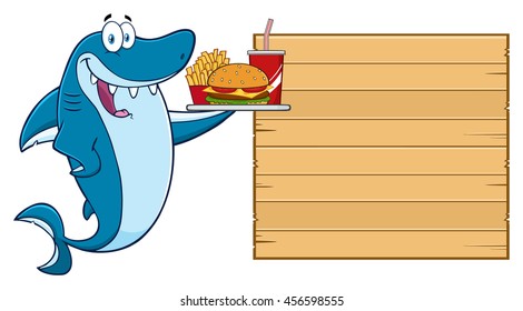 Cute Blue Shark Cartoon Mascot Character Holding A Platter With Burger, French Fries And A Soda To Wooden Blank Board. Raster Illustration Isolated On White Background - Powered by Shutterstock