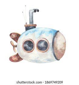 cute blue submarine, child transport, watercolor illustration on white background