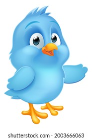 A Cute Bluebird Blue Baby Bird Cartoon Mascot Illustration Pointing With Its Wing