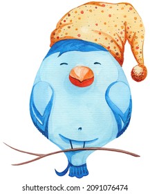 Cute Bluebird In A Cap Sleeps. Hand Drawn Watercolor Illustration.