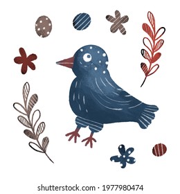 Cute Bluebird And Plants. Folklore. Isolated Objects On A White Background, Digital Art.