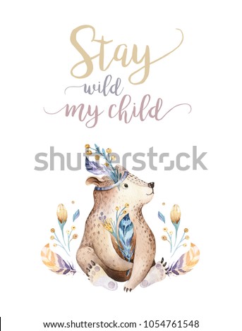 Cute bohemian baby bear animals for kindergarten, woodland nursery isolated decoration forest illustration for children forest animal pattern. Watercolor hand drawn boho set